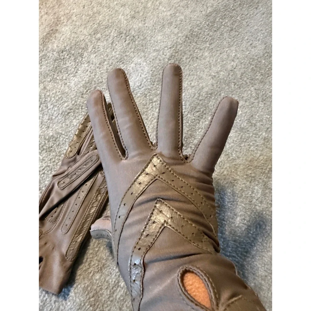Vintage Aris Isotoner Driving Gloves Taupe Brown Leather Chevron Spandex Womens